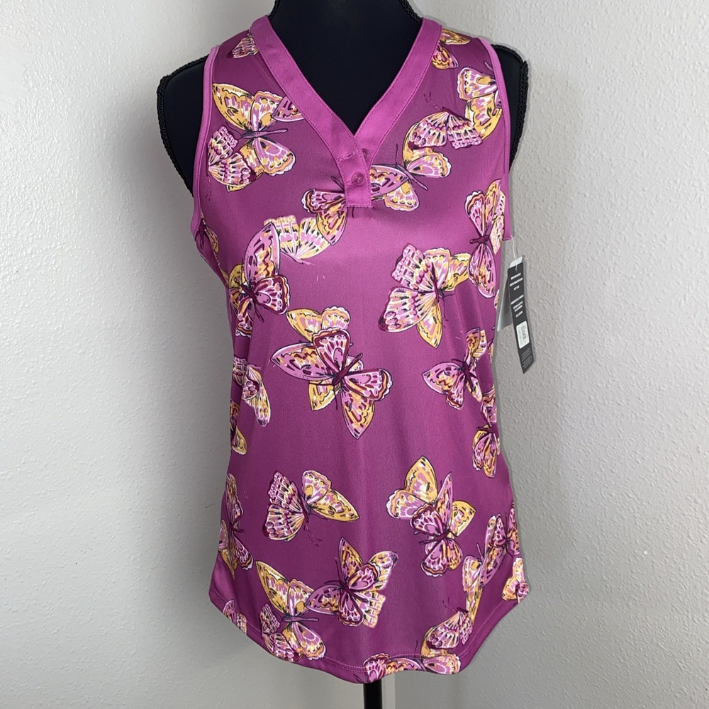 New PGA Tour Golf Shirt Women's Small Purple Orchid Butterfly‎ Button Sleeveless